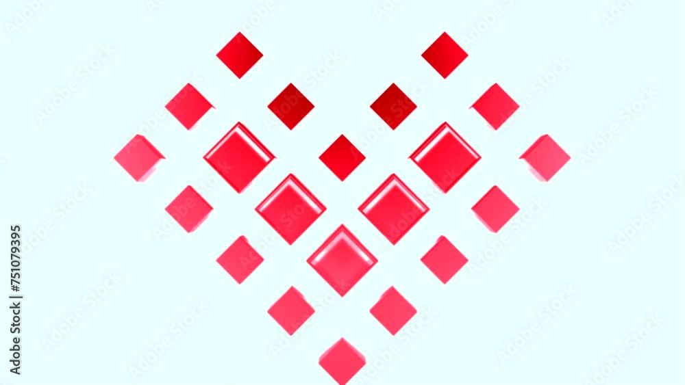 Poster animation with moving squares in shape of heart. motion. 3d pixel-style squares move in shape of hea