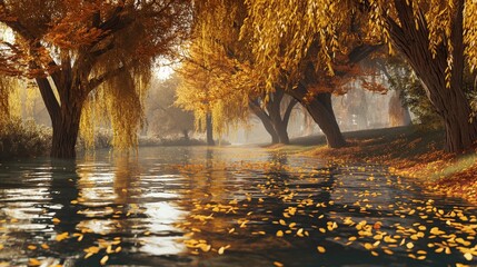 A peaceful riverbank lined with willow trees, their golden leaves gently falling into the water, carried away by the current.