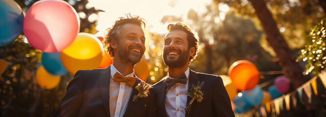 gay couple celebrate wedding ceremony outside in garden, men are in black groom suits, modern style - obrazy, fototapety, plakaty