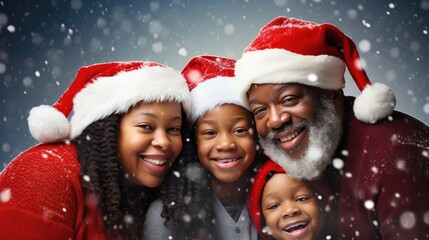 Happy African American family smiling and wearing Santa hats. Family time Christmas celebration....