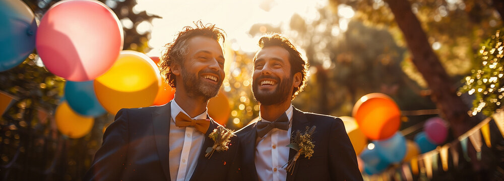 gay couple celebrate wedding ceremony outside in garden, men are in black groom suits, modern style
