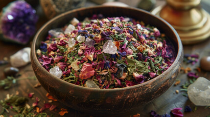A bowl filled with a mixture of crushed herbs and crystals ready to be used in a healing bath or cleansing ritual. - Powered by Adobe