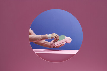 Customer swipes credit card on touchscreen POS terminal