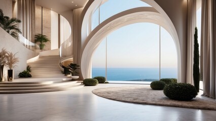 Fototapeta na wymiar Describe the grand entrance of your modern villa, with sleek Italian design, a dramatic foyer, and an immediate view that takes your breath away
