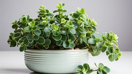 A potted jade plant displaying its vibrant green leaf against white background