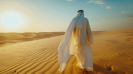 Fototapeta na wymiar Tranquil Desert Journey. Arab Man Walking Alone in White Robe Amidst Pristine Sands at Dusk