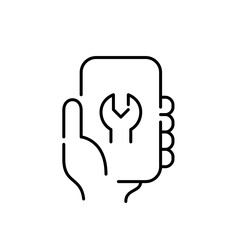 Mobile maintenance. Hand holding smartphone with wrench on screen. Device configuration, optimization. Vector icon