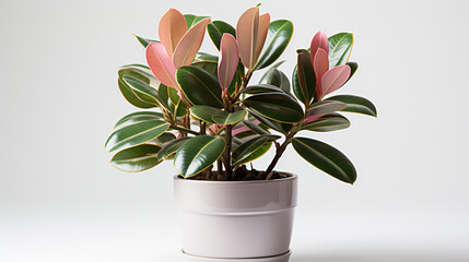 A potted rubber plant positioned against a spotless white background