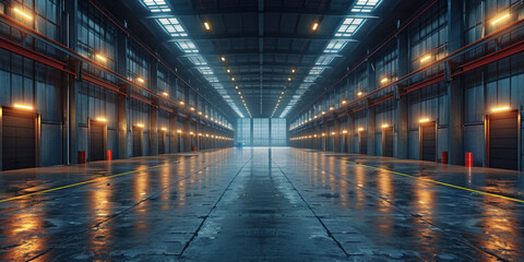 empty warehouse industrial structure with black ceiling in a building, 