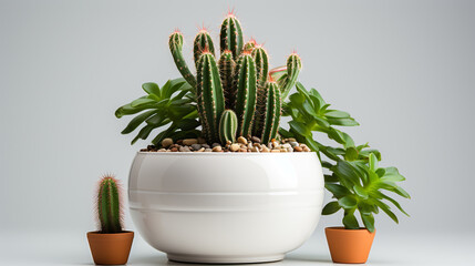 A small cactus plant potted in a stylish container against white background