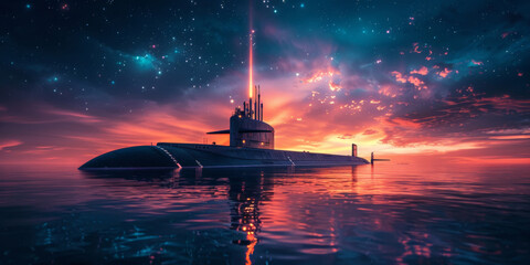 a large navy submarine in the sea with an orange light beam in the sky,the submarine is on the surface of the sea