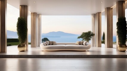 Fototapeta premium Describe the grand entrance of your modern villa, with sleek Italian design, a dramatic foyer, and an immediate view that takes your breath away