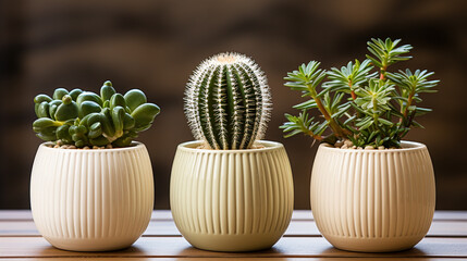 A trio of cacti plants in stylish pot isolated in clean white surface
