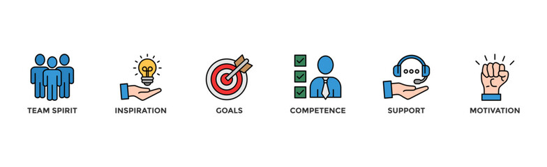 Team building building banner web icon vector illustration concept with icon of team spirit, inspiration, goals, competence, support, and motivation