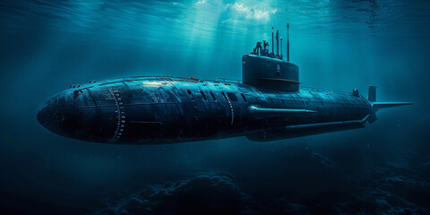 large submarine diving underwater blue sea
