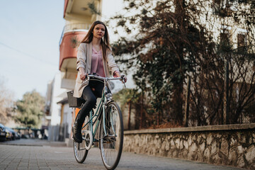 Casual young female cyclist riding with confidence along a quiet neighborhood road, embodying active lifestyle and everyday fitness.