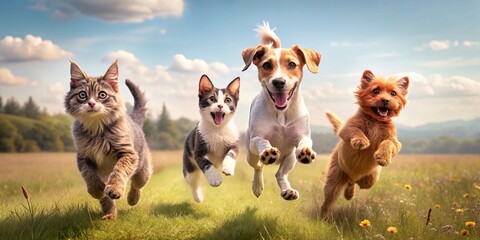 Dogs and cats are running in a field. All are happy and energetic, enjoying their time outdoors.