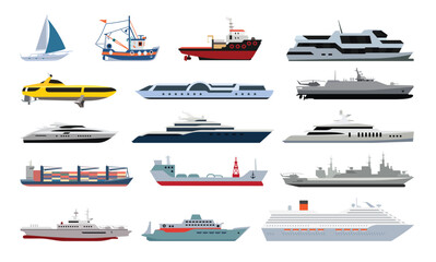 A collection of stylized boats and vessels. Flat icons representing different types of ships.
