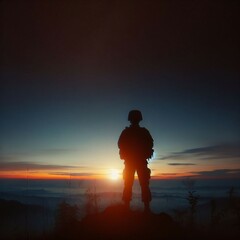 The silhouette of a soldier against the dawn horizon symbolizes the quiet strength and readiness as they face the challenges of a new day.
