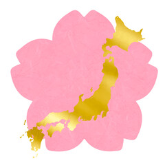 シンプルな桜の花と日本列島のシルエット_ゴールド

