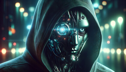 Close-up of an AI robot with a humanoid face wearing a hood, illuminated by neon lights.