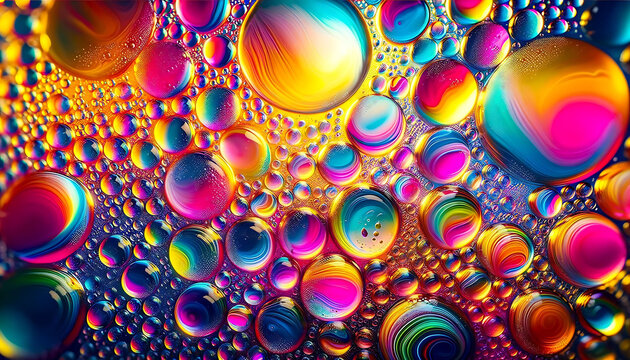 Psychedelic close-up of colorful oil droplets on water creating a vibrant abstract pattern.