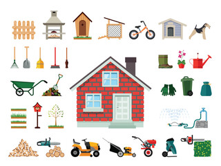 Flat icons of house and equipment needed for yard maintenance. Set of various gardening items.