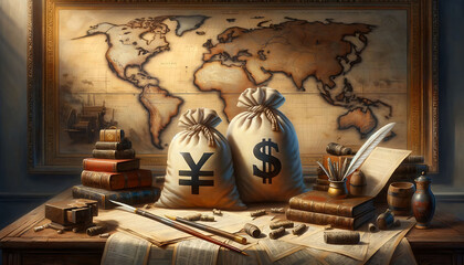 Money bags with currency symbols in a vintage study with old books and a world map.