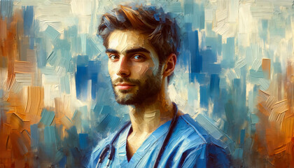 Male Nurse with clipboard, painterly style, stucco with brush strokes, Blue styles illustration 
