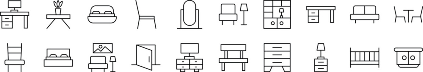 Set of vector outline symbols of sofa, table, bed and other furniture. Editable stroke. Line icon for web sites, newspapers, articles book