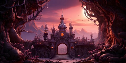 3D illustration of a fantasy fantasy landscape with temples and temples. - obrazy, fototapety, plakaty
