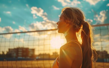Silhouette of a woman at sunset, with a volleyball net in the background, conveying a sense of...