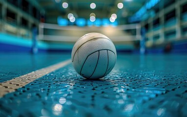 Close-up of a volleyball on a blue indoor court with blurred background of sports hall lights.