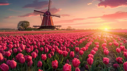 Sierkussen Sunset over a vibrant tulip field with a traditional Dutch windmill in the background. © ardanz