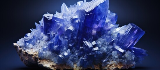 A group of blue fluorite crystals rests on a rugged rock surface, displaying their vibrant color and intricate formations.