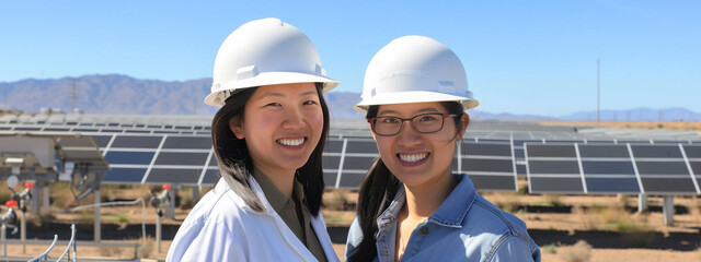 Women in engineering. Two confident asian female engineers wearing hard hats in front of solar energy park site, showcasing her expertise, leadership, and contribution to the field. - 751084329