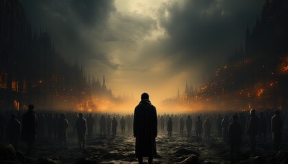 A figure standing in a crowd but faded, symbolizing loneliness in a crowd