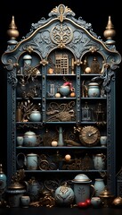 Fairytale bookcase with ornaments. 3d render