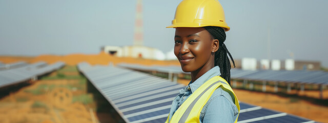 The brilliance and trailblazing spirit of an African female engineer as she stands confidently in a hard hat in front of a sprawling solar park site. under construction. - 751084387