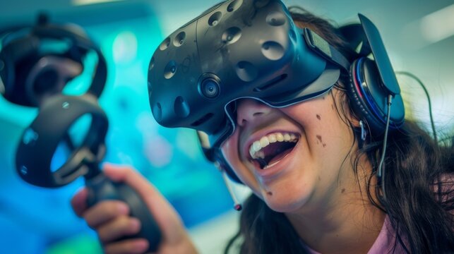 A closeup of a students face filled with wonder and excitement as they explore a virtual world through a VR lab. The expression captures the transformative impact of this
