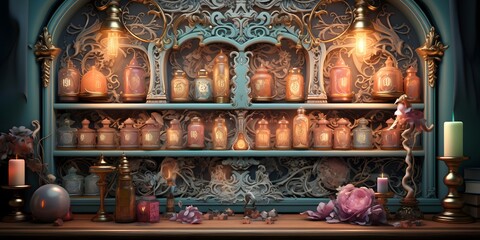 A vertical shot of a shelf with candlesticks and candles on it - obrazy, fototapety, plakaty