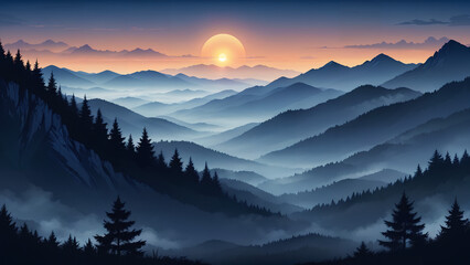 Fototapeta na wymiar beautiful dark blue mountain landscape with fog and forest