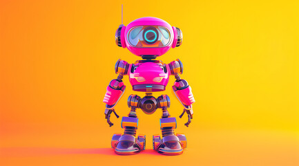 a pink and purple robot on an orange background, in the style of vray, light azure and yellow - obrazy, fototapety, plakaty