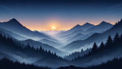 beautiful dark blue mountain landscape with fog and forest - obrazy, fototapety, plakaty