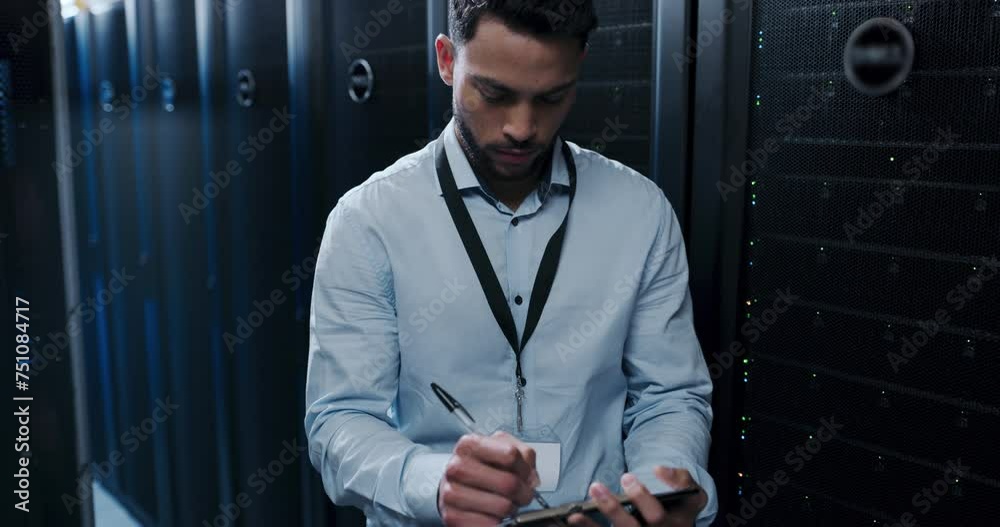 Poster Technician, server room inspection and documents for information technology, cybersecurity or engineering. Business man writing in a checklist for data center solution, maintenance and safety backup