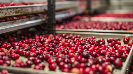 A closeup of plump cranberries spread out on the trays dehydrating to be used in granola or trail mix. - obrazy, fototapety, plakaty
