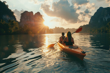 Couple travelling by kayak - obrazy, fototapety, plakaty
