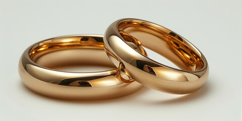 two gold wedding rings on white background,