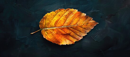 A yellow and orange dead leaf is resting on top of a dark black surface. The contrast between the vibrant leaf and the dark background creates a striking visual impact.