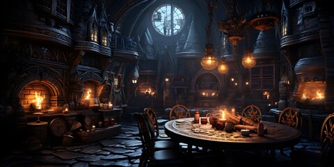 Mystical dark interior of an abandoned Orthodox church. Burning candles on the altar. 3D rendering